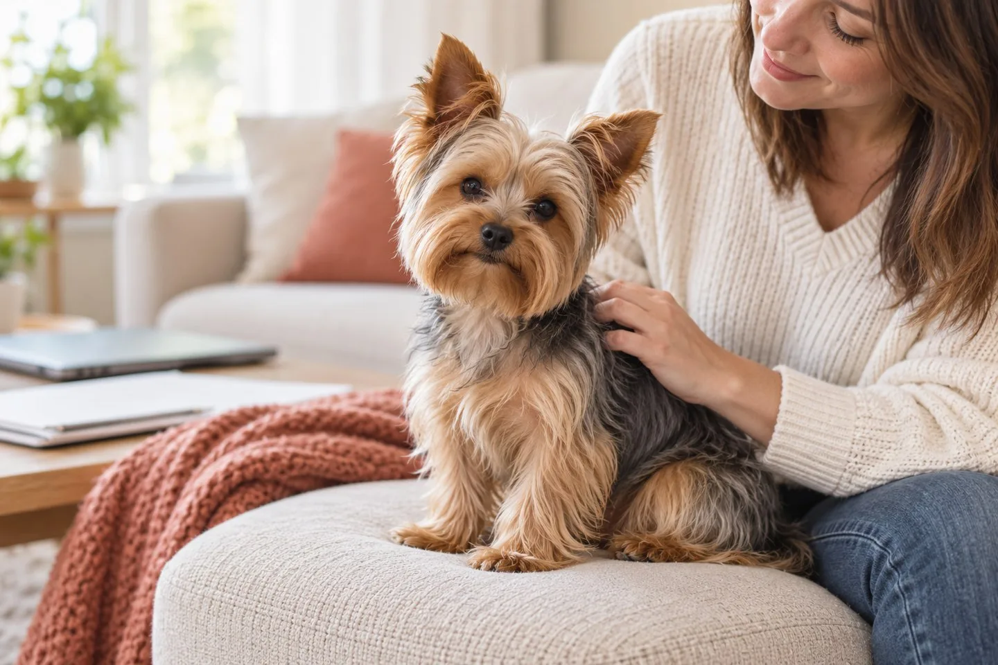 Small Yorkshire-terrier-type dog resting beside its owner