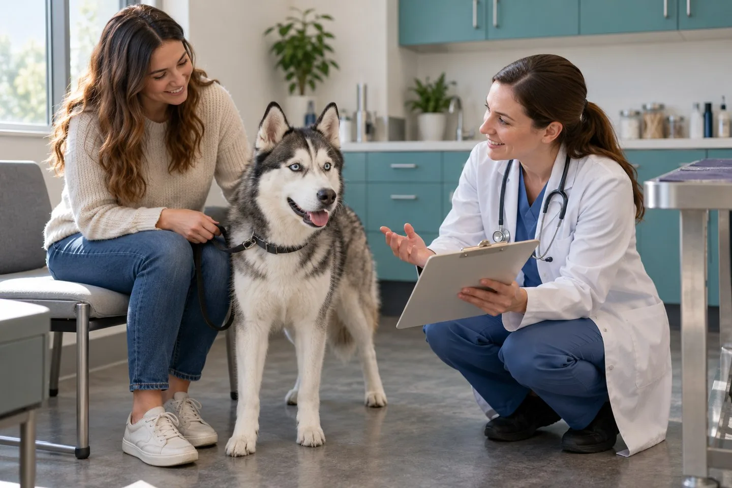 Veterinarian crouching beside a dog while speaking with the owner in a clinic